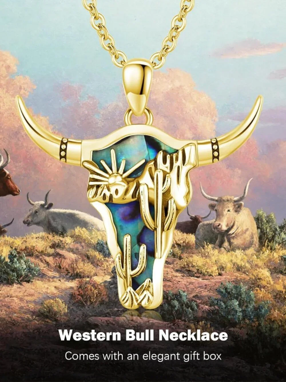 Women's Gold B Sterling Turquoise Pendant Highland Cow Skull Western Necklace